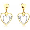 Šperky eshop - Náušnice z 9K kombinovaného zlata - dvojitá kontúra srdiečka, malé ploché srdce, zirkónik S1GG74.20