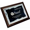 Kovová plaketa modrá na drevenej MDF podložke s gravírovaním 20x15cm
