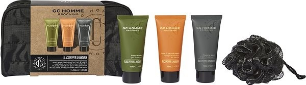 Grace Cole GC Homme sprchový gél 100 ml + šampón na vlasy a fúzy 100 ml + umývací gél 100 ml + huba na umývanie + kozmetická taška darčeková sada