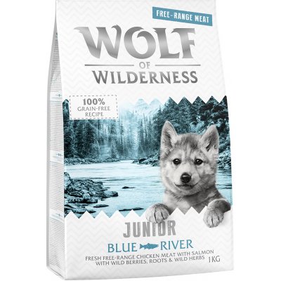Wolf of Wilderness mokré a suché krmivo s mäsom z voľného chovu - JUNIOR Blue River - kuracie a losos (1 kg)