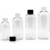 Plastová fľaša priehľadná okrúhla, čierny vrúbkovaný vrchnák, 200 ml