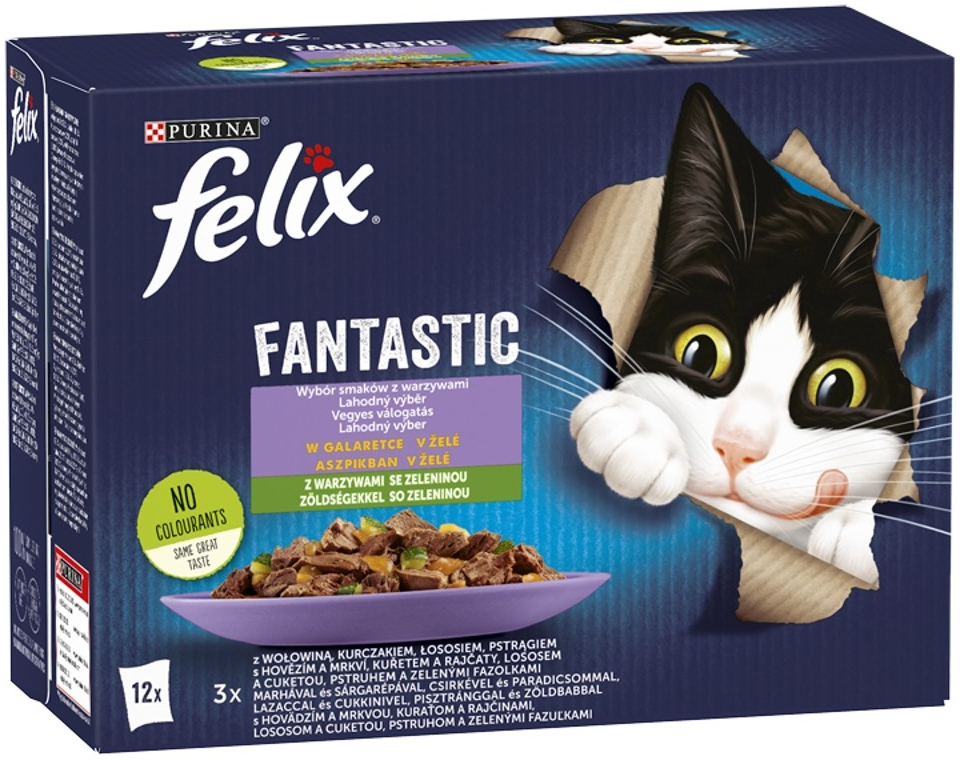 Felix Fantastic lahodný výber so zeleninou v želé s hovädzím kuraťom lososom a pstruhom 12 x 85 g