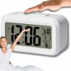 Elektronické hodiny budík biely LED digitálny teplomer kalendár alarm