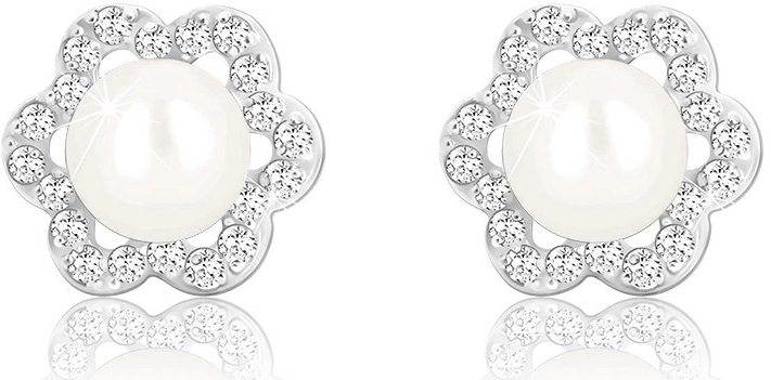 Šperky eshop náušnice z bieleho zlata kvet so šiestimi lupeňmi zirkónová kontúra biela perla S1GG53.31