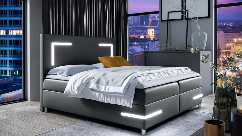 Möbelschaft Boxspring Galaxy v imitácii kože s LED osvetlením farba sivá