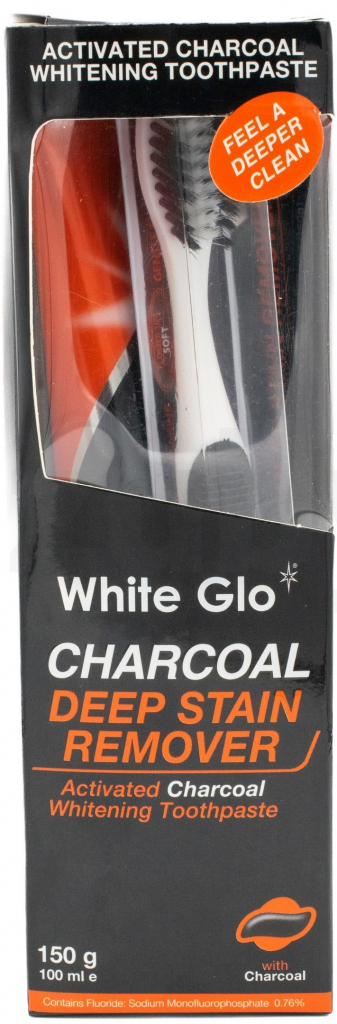 White Glo Charcoal zubná kefka + bieliaca zubná pasta s aktívnym uhlím 150 g + medzizubné kefky darčeková sada