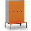 Drevená šatníková skrinka S4 s lavičkou, 4 oddiely, 1871 x 1200 x 500/800 mm, demont, RFID zámok, sivá/oranžová