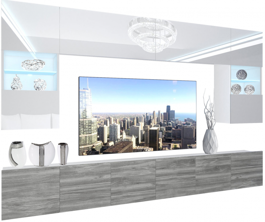 Obývacia stena Belini Premium Full Version biely lesk šedý antracit Glamour Wood LED osvetlenie Nexum 133