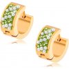 Šperky eshop - Oceľové náušnice zlatej farby, svetlozelené kamienky, biele guličky S78.20