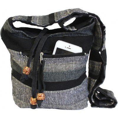 Ancient Wisdom Large Nepal Sling Bag – Adjustable Strap (60-118cm), Mountain Granite Color, Lightweight Cotton, Zipper Closure, Orange Accent