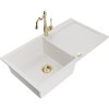 Mexen Leo, granitový drez 900x500x190 mm, 1-komorový a drezová batéria Carla, biela, 6501-20-670700-50
