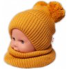 Baby Nellys Zimná pletená čiapka nákrčník horčicová s brmbolcami
