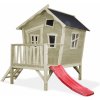 Domček cédrový na pilieroch Crooky 300 Exit Toys s vodeodolnou strechou a šmykľavkou sivo béžový