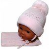 Zimná čiapka svetlo ružová brmbolcom a kamienkami + šál, veľ. 6-12 mesiacov