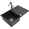 Mexen Bruno, 1-komorový granitový drez 795x495x200 mm a drezová batéria Flora, čierna-zlatá metalíza, 6513-75-670401-57-G