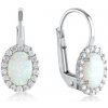 Náušnice z bieleho zlata - syntetický biely opál, zirkóny dookola