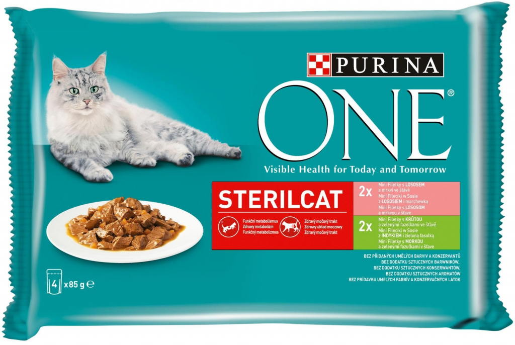 PURINA ONE Sterilcat mini filetky s morkou a zelenými fazuľkami s lososom a mrkvou v šťave 4 x 85 g