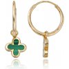 MINET Zlaté náušnice krúžky so štvorlístkami a zeleným malachitom Au 585/1000