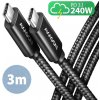 AXAGON BUCM2-CM30AB, CHARGE kábel USB-C USB-C, 3 m, Hi-Speed USB, PD 240W 5A, ALU, opletenie, čierny