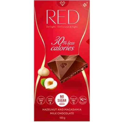 RED Mliečna čokoláda s makadamovými a lieskovými orechmi bez pridaného cukru 100 g