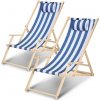 SWANEW Deck Chair Beach Lounger Relaxing Lounger Self-Assembly Drevené plážové kreslo Skladacie modré biele s madlami 2 kusy