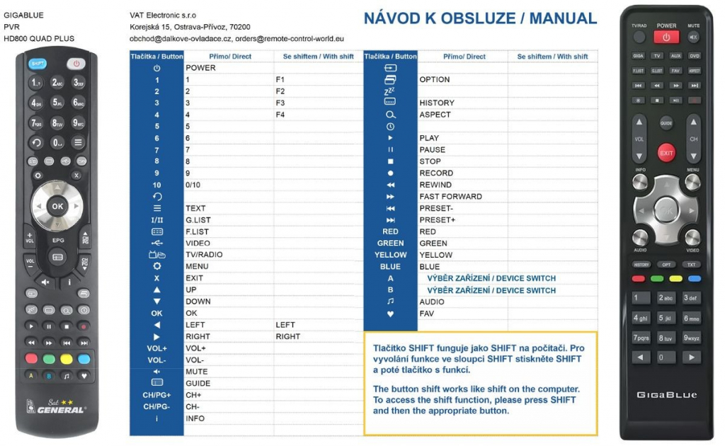 Diaľkový ovládač General GIGABLUE HD800 QUAD PLUS