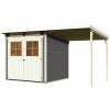 KARIBU GLUCKSBURG 3 drevený domček + prístavok 190 cm (68769) 397 x 217 cm, terragrau LG3495