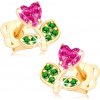 Šperky eshop - Náušnice zo žltého 14K zlata - kvietok zdobený ružovým a zelenými zirkónmi S2GG107.13