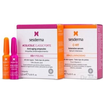 Sesderma C-Vit + Aglicolic Classic Forte protivráskové a hydratačné sérum s AHA 1,5 ml + C-Vit rozjasňujúce a obnovujúce sérum s vitamínom C 1,5 ml darčeková sada