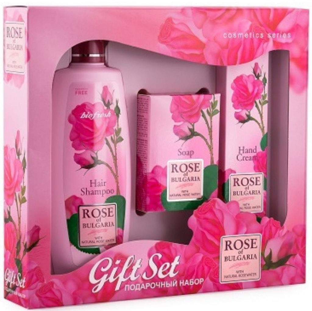 Rose of Bulgaria šampón s ružovou vodou na vlasy 330 ml + toaletné mydlo 100 g + krém na ruky s ružovou vodou 75 ml, pre ženy