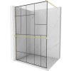 Mexen Kioto+, sprchová zástena Walk-In s poličkou a vešiakom 90 x 200 cm, 8mm číre sklo čierny vzor, zlatý matný profil, 800-090-121-55-78