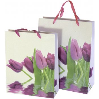 Set 2 darčekových tašiek "ružové tulipány", biele perleťové, 22,5 x 28 x 8,5 cm a 26 x 32 x 10 cm