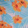 Šifón ružový, svetlo modré listy, oranžové ibištekové kvety, š.145