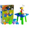 LEAN TOYS Stolík s pieskoviskom + formičky, lopatky, krhla