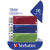Verbatim USB flash disk, USB 2.0, 16GB, Slider, zelený, modrý, červený, 49326, USB A, s výsuvným konektorom, 3 ks