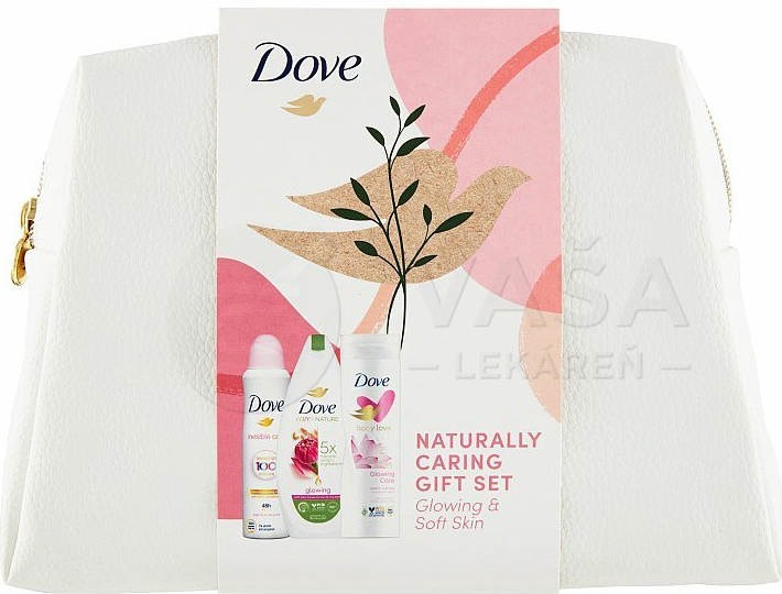 Dove Glowing Dámska darčeková sada v kozmetickej taške 250 ml sprchový gél + 250 ml telové mlieko + 150 ml sprejový deodorant