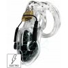 Hidden Desire Extreme Electro Cock Cage Acrylic, elektrostimulačný pás cudnosti na diaľkové ovládanie 80 mm
