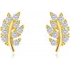 Šperky eshop - Puzetové 9K náušnice - lístok vykladaný trblietavými okrúhlymi čírymi zirkónmi S4GG244.01