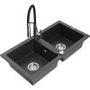 Mexen Mario, granitový drez 820x436x161 mm, 2-komorový a drezová batéria Aster, čierna škvrnitá, 6504-76-73450-07