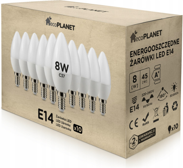 ecoPLANET 10x LED žiarovka E14 sviečka 8W 700lm teplá biela