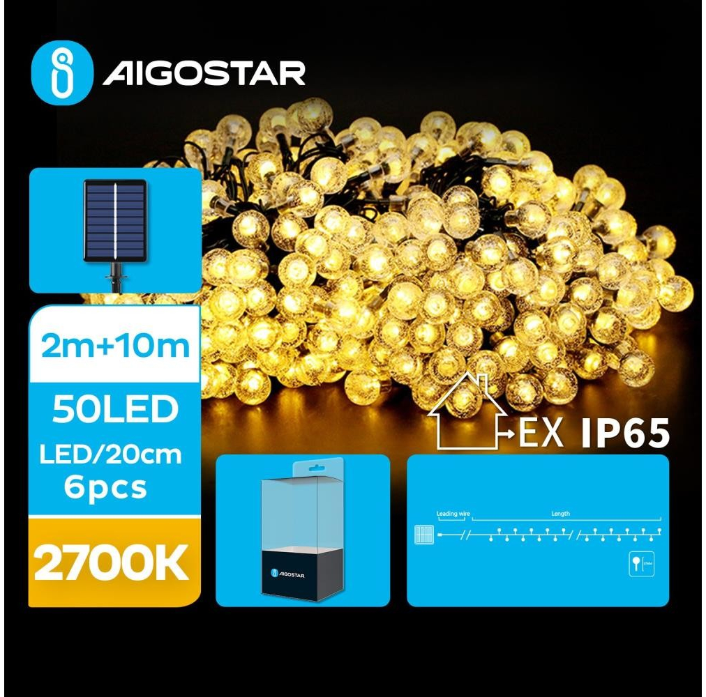 Aigostar LED Solárna dekoračná reťaz 50xLED 8 funkcií 12m IP65 teplá biela AI0429