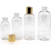 Plastová fľaša priehľadná okrúhla, zlatý disc top, 200 ml