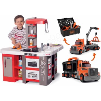 Smoby Set kuchynka elektronická Tefal Studio 360° XXL Bubble mrkvová a kamión s pracovným kufríkom Black&Decker Truck