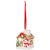 MagicHome Dekorácia Vianoce Domček so snehuliakom LED terakota závesný 5,8x5x7 cm