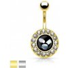 Šperky eshop oceľový piercing do brucha čierny kruh s kúskami perlete, zirkónový lem AB32.16 Zlatá