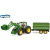 Bruder 3155 traktor John Deere 7R 350 s čelním nakladačem a tandemovým přepravním přívěsem