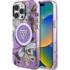 Guess IML Metal Glitter Flowers Triangle MagSafe Kryt pre iPhone 16 Pro Max – fialový KF2346535