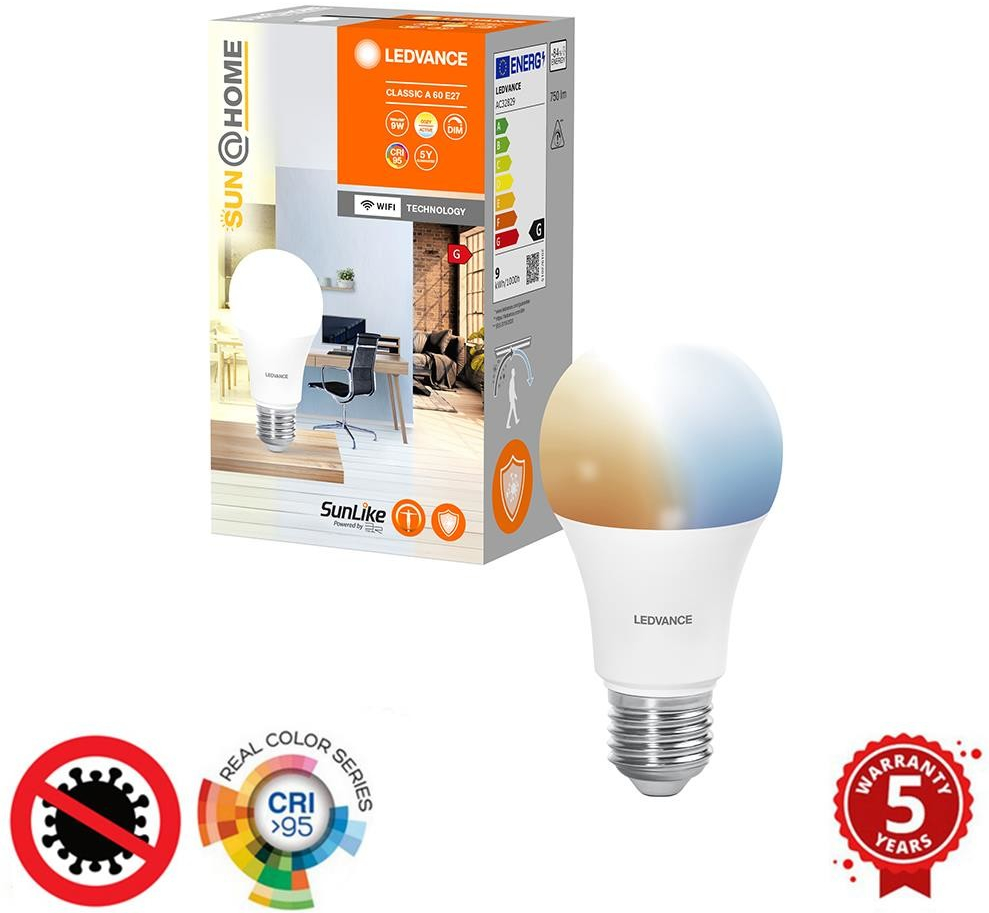 Ledvance LED žiarovka E27 A40 9W 40W 750lm CCT 200° CRI95 SMART+ WIFI Stmievateľná SUNATHOME CLASSIC
