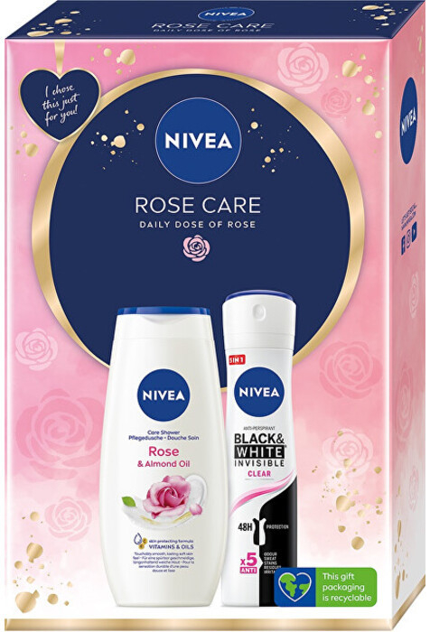 Nivea Rose Care darčekový set sprchovací gél Rose & Almond Oil 250 ml + antiperspirant Black & White Invisible Clear 150 ml