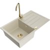 Mexen Bruno, 1-komorový granitový drez s odkvapkávačom 795x495x200 mm a zlatá kuchynská batéria Telma, béžová, 6513-69-670200-50